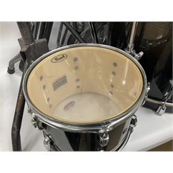 Pearl Vision SST Birch Ply shell four-piece drum kit in black comprising bass drum with foot pedal and three graduated toms; together with Pearl Custom Alloy Sensitone steel snare drum, drum and cymbal stands, microphone stand, stool and various drum sticks 