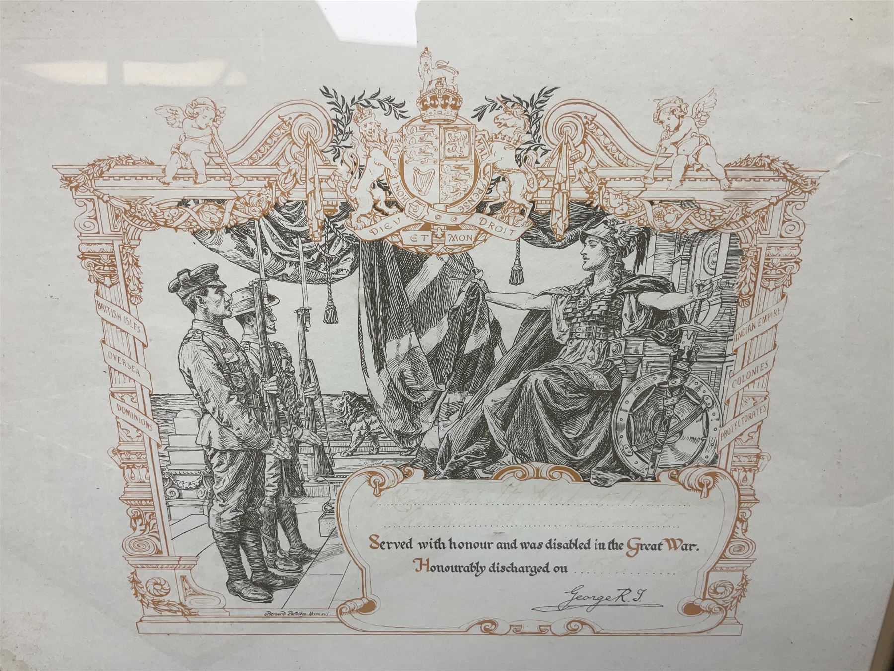George V WW1 Memorial Scroll to Gunner William Henry Oughtibridge Royal Garrison Artillery; and WW1 Lincolnshire Regiment Disabled Honourable Discharge certificate with indistinct faded inscription; both framed (2)