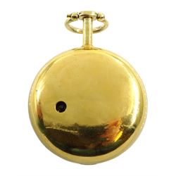 19th century silver-gilt pair cased verge fusee pocket watch for the Turkish market by Edward Prior (London 1800-1868), No. 43339, tulip pillars, pierced and engraved balance cock decorated with a classical urn, white enamel dial with Turkish numerals, beetle and poker hands and bull's eye glass