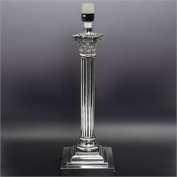 Silver plated Corinthian column table lamp on stepped square base H40cm excluding fitting