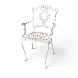 Victorian design cast aluminium circular garden table and four armchairs, ornate grape design in antique white paint
