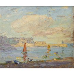 John William Howey (Staithes Group 1873-1938): 'Evening - Hartlepool Harbour', oil on panel signed, titled verso 24cm x 29cm Provenance: David Duggleby Ltd. 8th December 2023, Lot 129; private collection, purchased T B & R Jordan Fine Art Specialists, Stockton on Tees; the Jordans were responsible for dispersing the estate of Robert Leslie Howey (1900-1981), the artist's son. A fine example of English Impressionism, exemplifying the Staithes Group's French influence