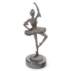 Bronzed figure of a ballerina, signed Chiparis to base, upon circular marble plinth, H32cm