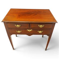 19th century mahogany lowboy, rectangular top with moulded edge over three cockbeaded drawers with brass handle plates, on square tapering supports