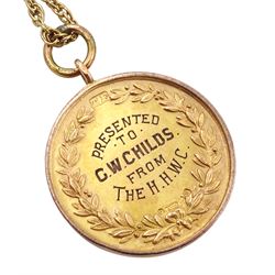 9ct gold medallion pendant depicting WW1 soldier and sailor by Thomas Fattorini, Birmingham 1919, engraved 'Presented to G.W.Childs from The H.H.W.C.' verso, on 9ct gold necklace chain