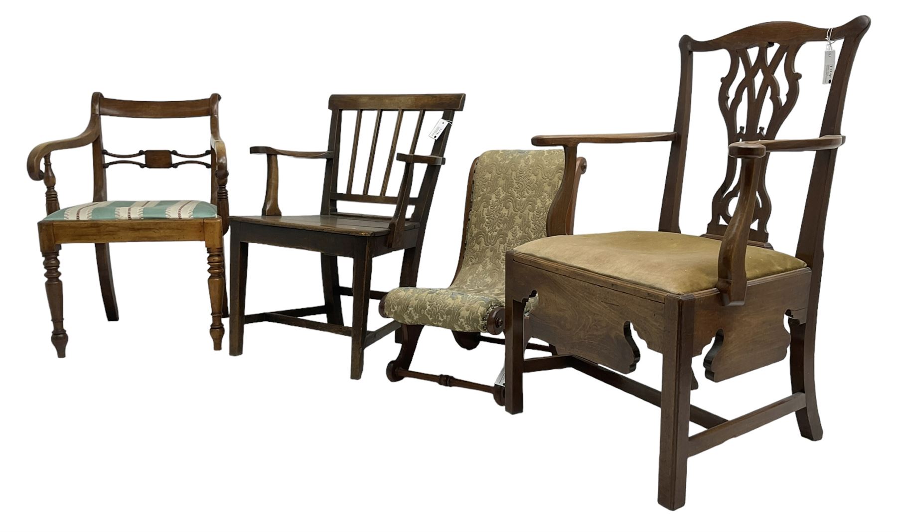 George III walnut elbow chair, bar back over upholstered drop-in seat, scrolled down sweeping arms, on turned front supports (W59cm, H84cm); George III mahogany commode elbow chair, shaped cresting rail over pierced Gothic splat, hinged seat revealing commode, on moulded square supports united by H-shaped stretchers; 19th century country elm elbow chair, rectangular bar back over vertical moulded rails,  plank seat, on square tapering supports united by H-shaped stretchers; Victorian mahogany child's chair, S-scroll form upholstered in foliate pattern fabric (4)