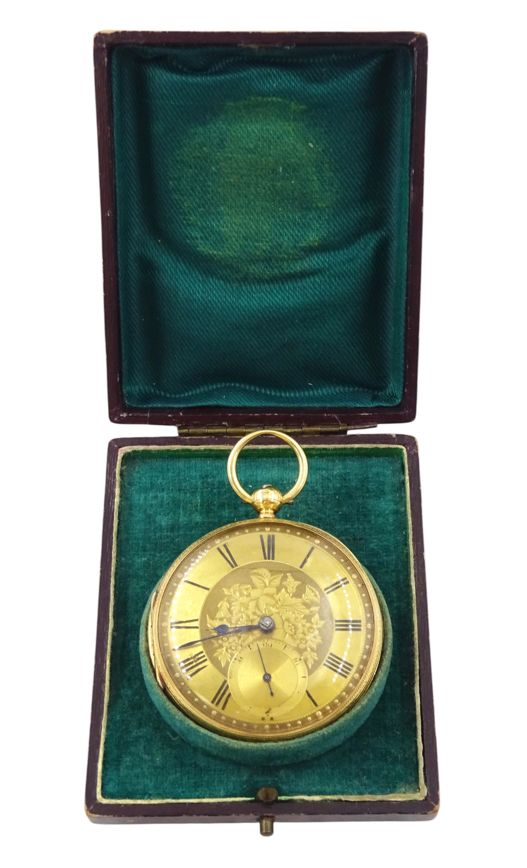 Victorian 18ct gold open face fusee lever pocket watch, No. 27704, gilt  dial with Roman numeral hour markers and subsidiary seconds dial, case by Wickes & Trahern, Chester 1887