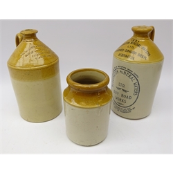  Stoneware flagon impressed The Brighton & Hove Co Operative, Supply Association Limited H27cm, another for Beddington Mineral Waters and stoneware jar (3)  