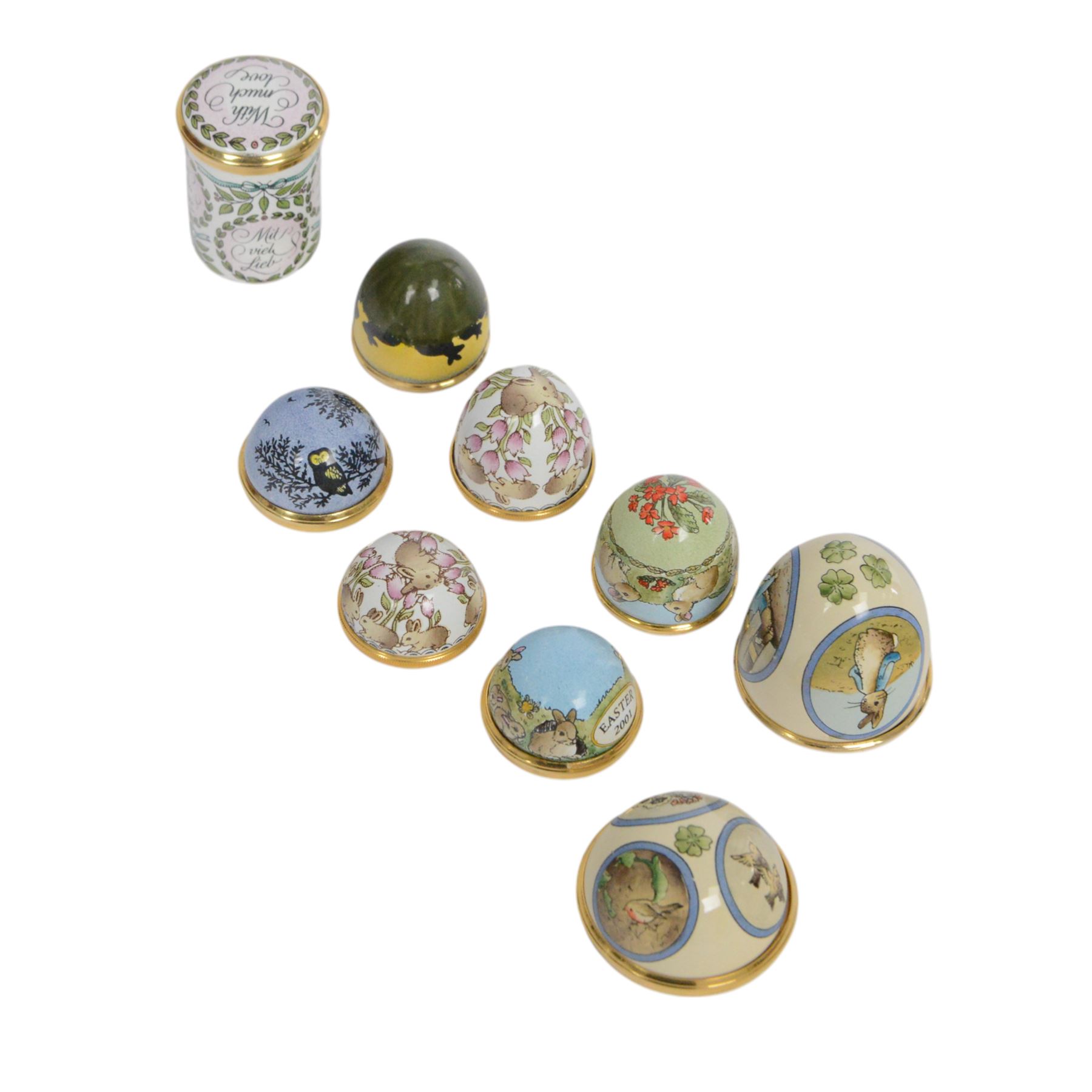 Ten Halcyon Days enamel trinket boxes, including Peter Rabbit, Watership down and easter examples, tallest H5cm