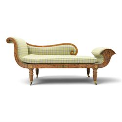  19th century scumbled oak chaise longue upholstered in tartan fabric, swept frame with gi...