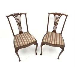 Pair Edwardian mahogany chairs, shaped cresting rail, upholstered seat, cabriole legs