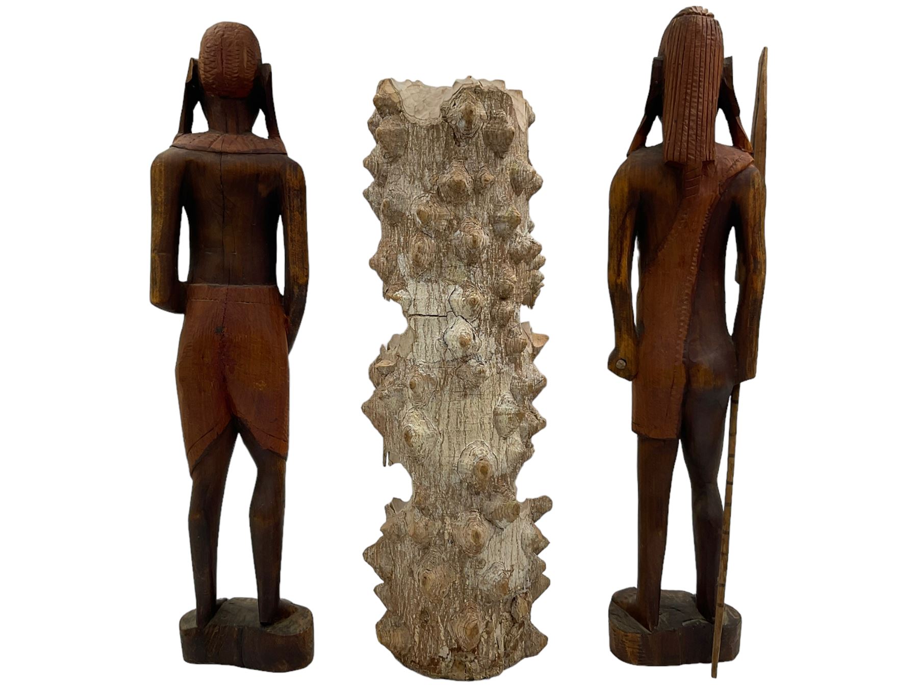 African carved wooden marriage/wedding chain, together with three carved figures, largest H44cm