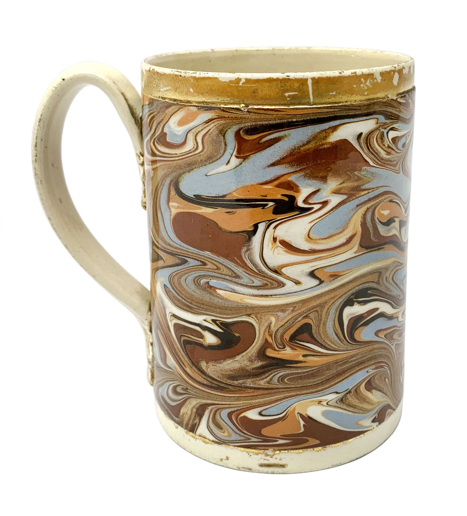 Late 18th century earthenware mug, possibly Ralph Wedgwood, Burslem or Ferrybridge, with surface marbled decoration and later gilt detail to rims and handle, impressed beneath Wedgwood & Co, H12cm