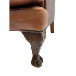 Tetrad - 'Blake' club armchair, fanned wingback and rolled arms upholstered in tan brown leather, on ball and claw carved cabriole feet 