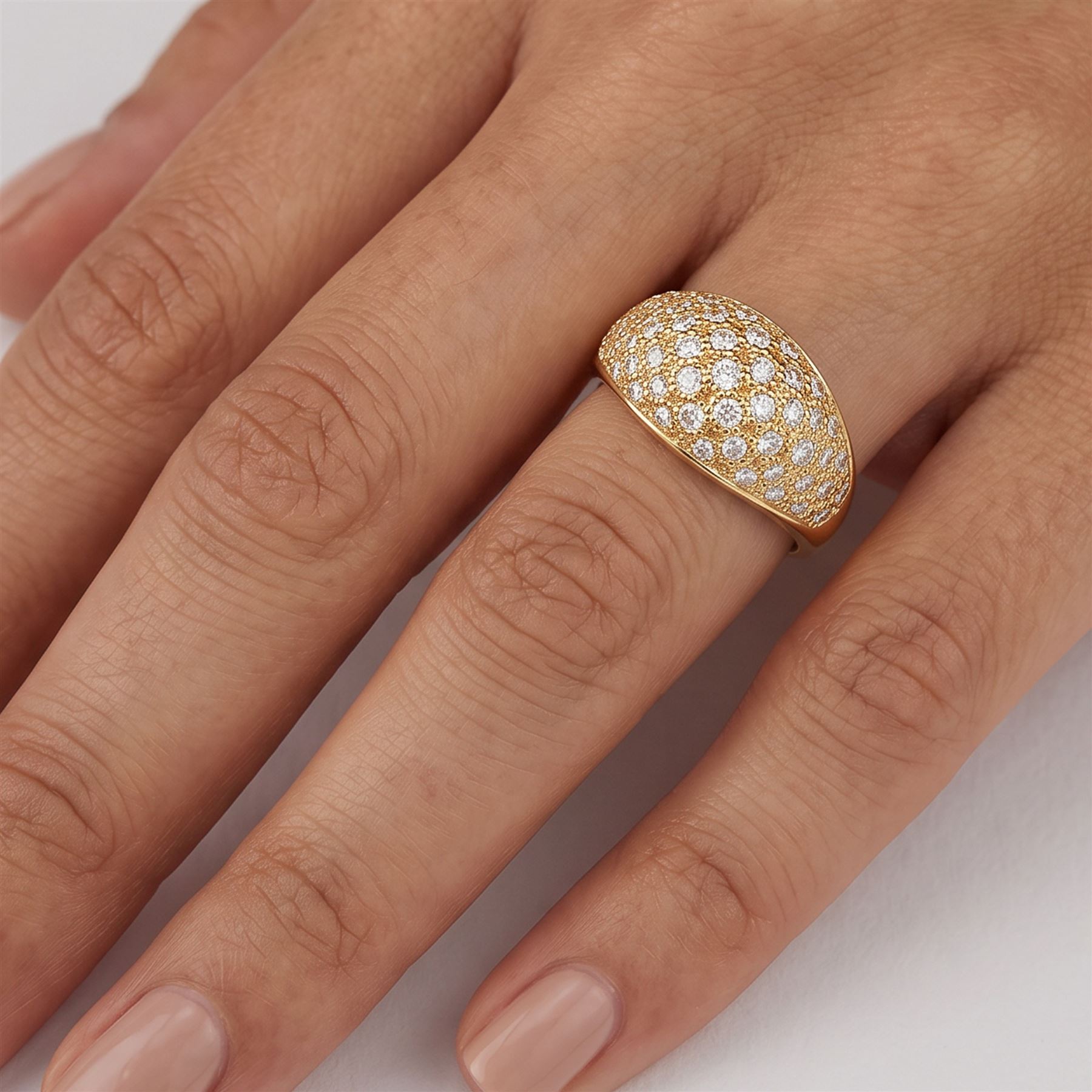 18ct gold diamond dome ring, pave set with round cut diamonds, London import mark 1989