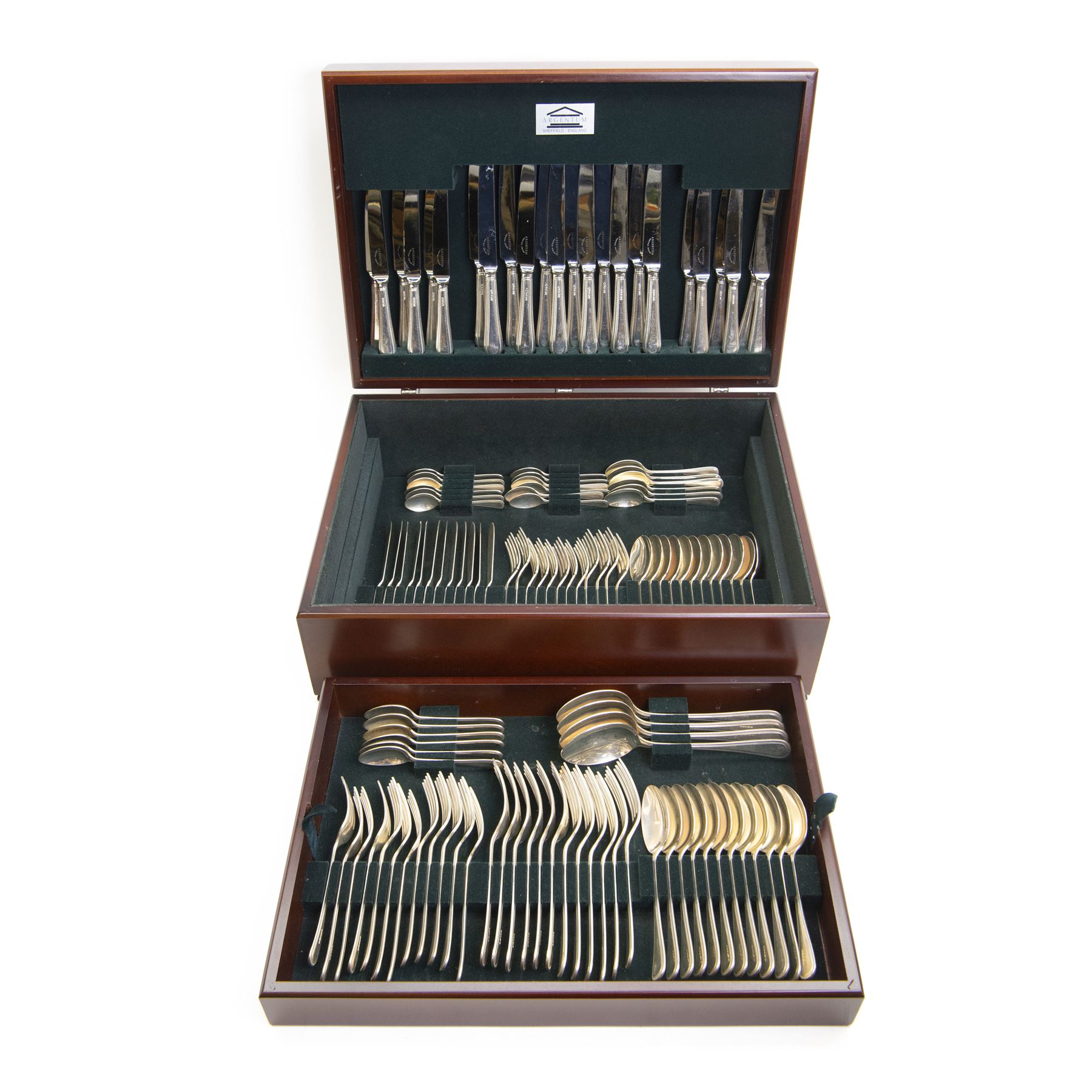 Late 20th century canteen of silver cutlery for twelve place settings, comprising fish knives, fish forks, soup spoons, dessert forks, dessert spoons, silver handled dessert knives, table forks, silver handled table knives, teaspoons, coffee spoons and four table spoons, each with beaded borders to handles, all hallmarked Argentum Ltd, Sheffield 1996, contained within a rectangular mahogany canteen with fitted green velvet interior