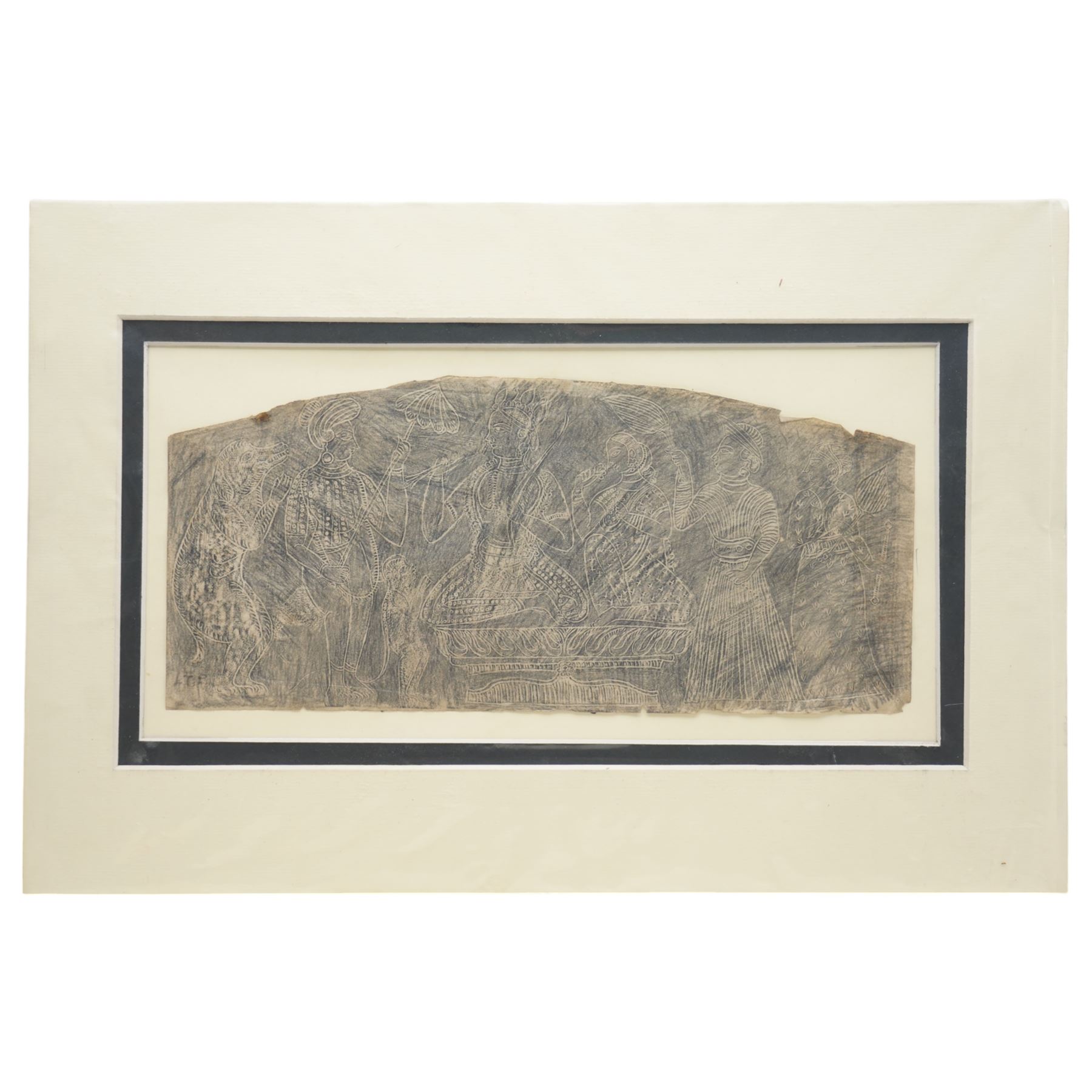 LTP Manjusri (Sri Lankan 1902-1982 - Columbo '43 Group): 'At The Palace' pencil rubbing etching signed with initials in pencil 20cm x 40cm
Notes: LTP Manjusri was a pioneering figure in modern Sri Lankan art, known for his unique blend of traditional Buddhist themes and contemporary techniques. Born in 1902, he initially trained as a scholar in Sinhala, Pali, and Buddhist philosophy before discovering his passion for painting in Shantiniketan, where he met Nandalal Bose. A founding member of the Colombo '43 Group, Manjusri’s work—spanning temple murals, original paintings, and etchings—reflects his deep cultural and religious roots. His contributions were internationally recognized, with exhibitions in London, Vienna, and New York, and works held in major collections including the New York Public Library and the Horniman Museum. In 1979, he was honored with the Ramon Magsaysay Award and an honorary doctorate from the University of Peradeniya.