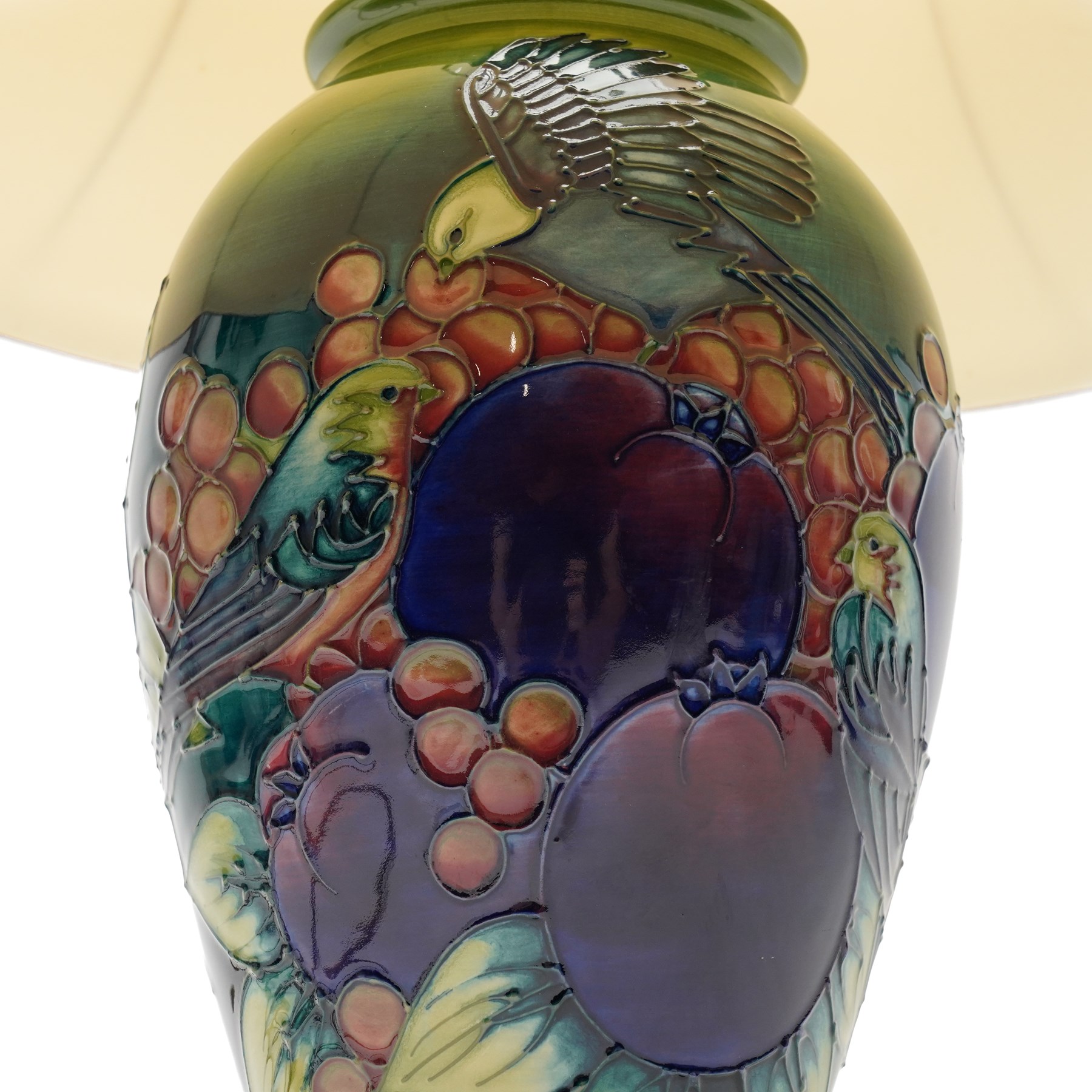 Moorcroft Finches and Berries pattern table lamp and shade, including shade H59cm  