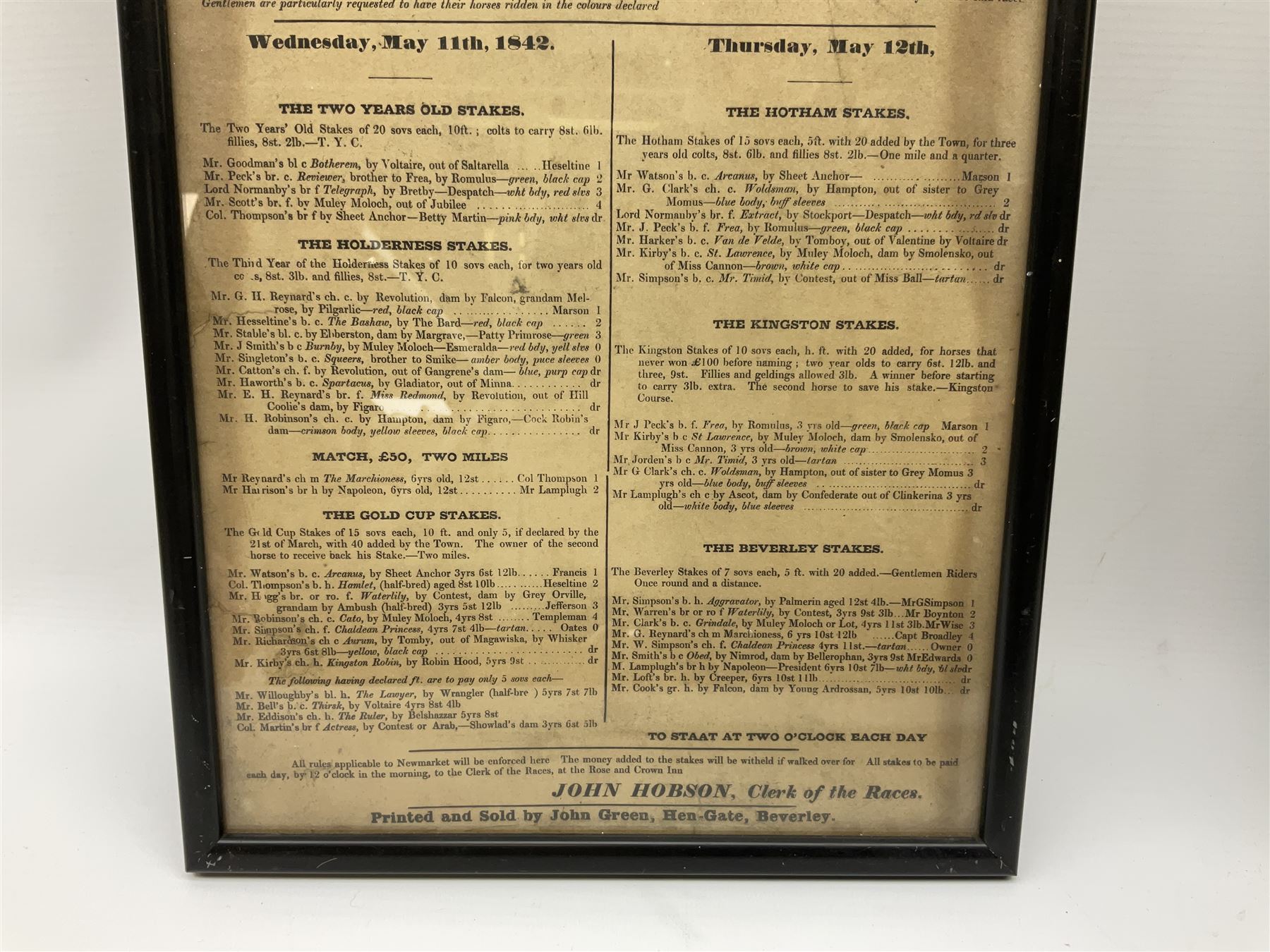 Two 19th century Beverley Race posters - 11th/12th May 1842 with vignette of a horse race 35 x 23cm; and 17th March 1854; each in ebonised frame; together with 'Notice of Poll .... Beverley No.5 Ward' 6th May 1976 78 x 43cm in mahogany stained frame (3)
