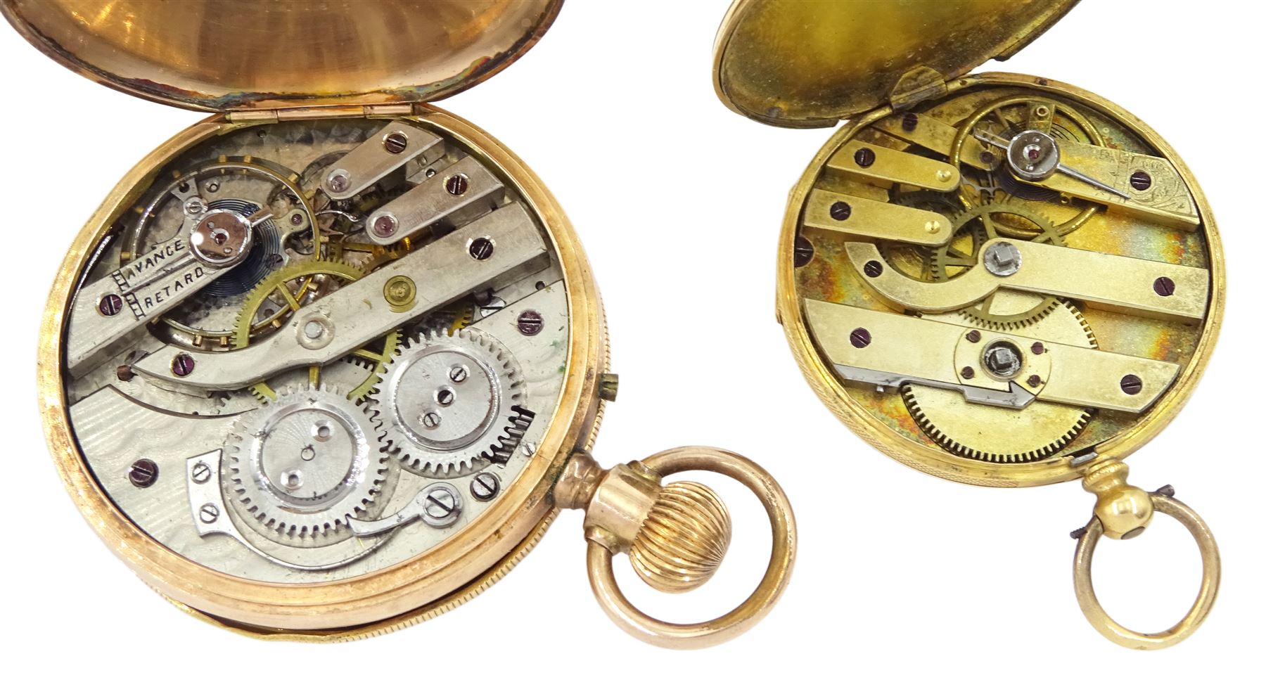 Early 20th century 14ct gold half hunter Swiss lever pocket watch, white dial with Roman numerals and subsidiary seconds dial and an 18ct gold open face cylinder pocket watch, both stamped