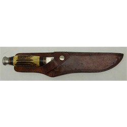  Hunting knife, 20cm shaped single edge blade with Antler handle, in leather sheath, L35cm  