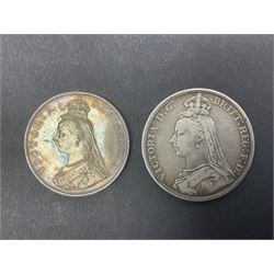 Queen Victoria 1889 silver crown coin, two double florins dated 1887, 1890 and a George III crown with illegible date (4)