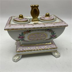 Limoges France hand painted ink well pot stand with lion paw feet, together with  pot pourri vase and cover in the shape of an egg raised on three scroll feet, ink well H14cm 