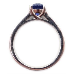  White gold single stone round sapphire ring with diamond set shoulders, hallmarked 18ct, sapphire approx 1 carat  