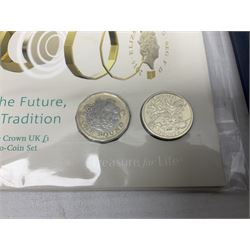 The Royal Mint United Kingdom 2005 proof coin set, with certificate, 2009 'Henry VIII' brilliant uncirculated fine pound coin, 2010 brilliant uncirculated coin collection, 2015 'The Fourth and Fifth Circulating Coinage Portrait Collection', and 'Farewell and Nations of the Crown UK' one pound brilliant uncirculated two coin set, all cased or in card folders