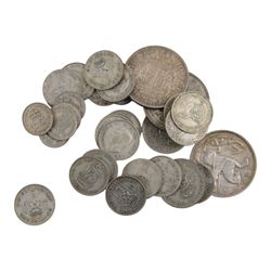 Approximately 250 grams of Great British pre-1947 silver coins, together with numerous commemorative crowns, further coins, banknotes, etc