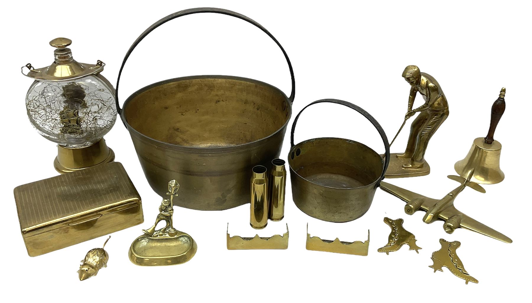 Two brass jam pans, together with brass 'State Express Cigarettes' box