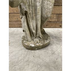 Pair of cast stone garden dogs and 2 female figures,