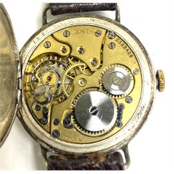 Zenith early 20th century silver manual wind wristwatch, No. 2529426, Roman numerals with subsidiary seconds dial and red 12 o'clock marker, Glasgow import marks 1938, on brown leather strap