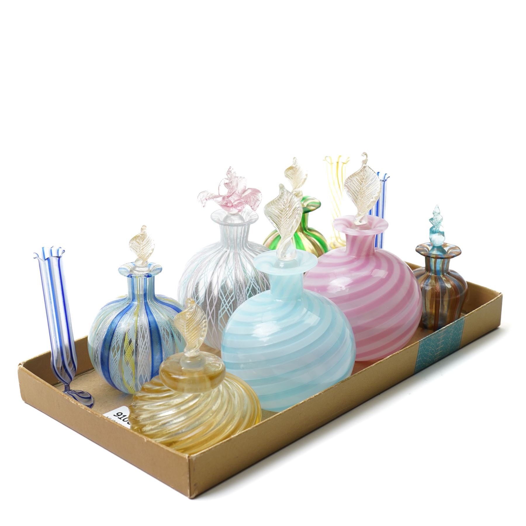 Collection of art glass colourful scent bottles, probably Murano, various with latticinio decoration, etc (10)