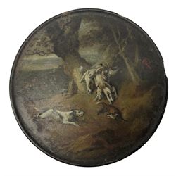19th century papier-mâché box, of circular form, the lid painted with a hunting scene, D10cm