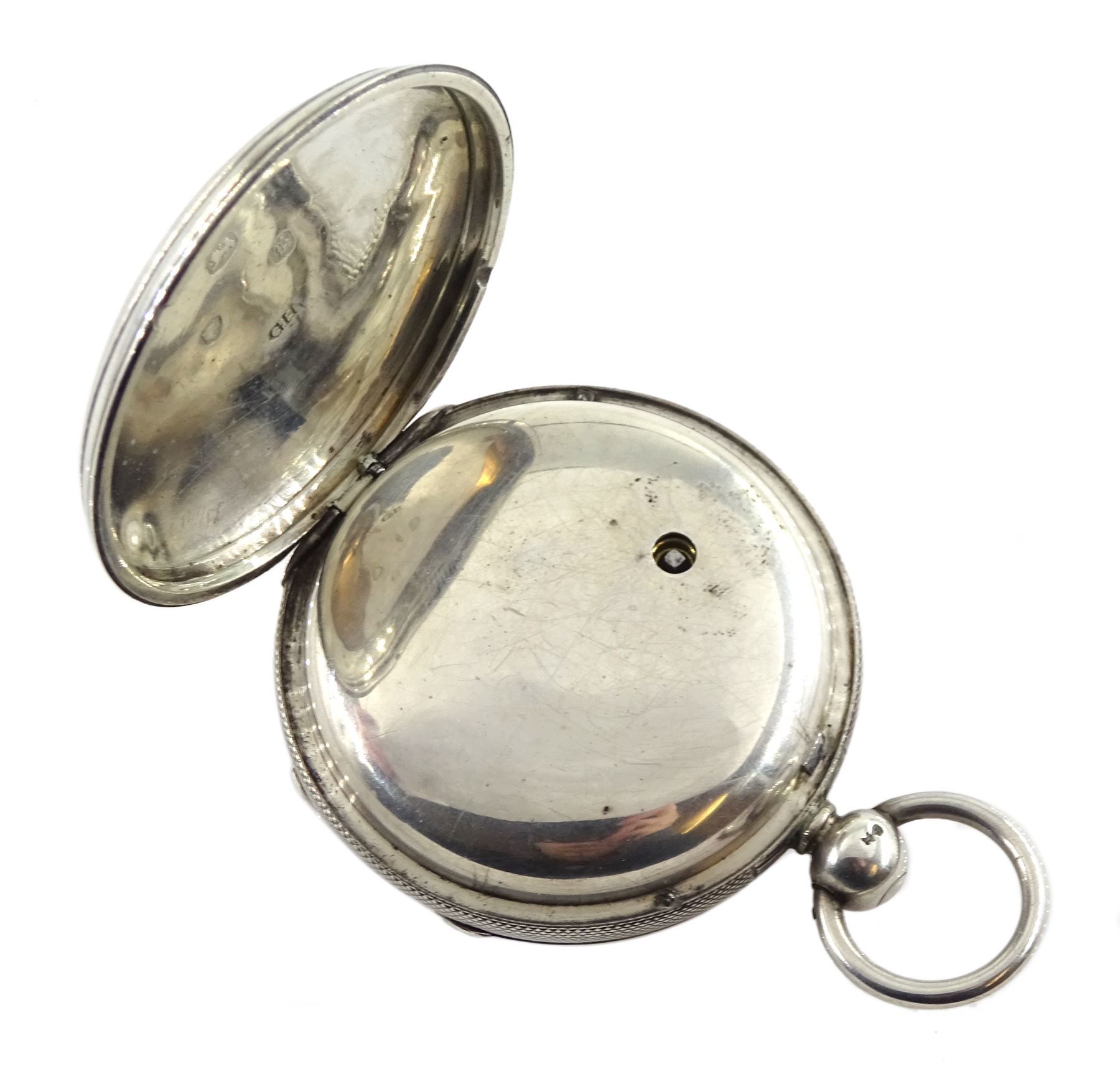 Victorian silver open face English lever fusee pocket watch by George Elliott, Kirk Burton, No. 8008, round pillars, engraved balance cock with diamond endstone, silver engine turned dial with Roman numerals and subsidiary seconds dial, case by George Hammon, London 1845