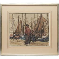 Frederic Stuart Richardson (Staithes Group 1855-1934): Figures on a Dutch Waterfront, watercolour unsigned 32cm x 39cm
