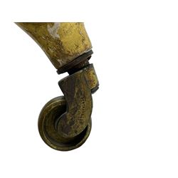 William Bertram & Son of London - pair late 19th century giltwood armchairs, moulded frame with scroll carved back and arm terminals, upholstered in striped fabric with foliate pattern, on shell carved cabriole supports, the brass castors stamped 