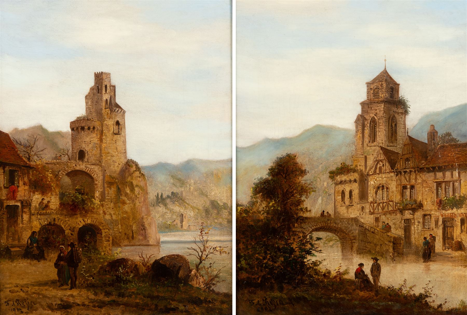 Felice Auguste Rezia (Italian 1835-1907): Stone Tower on a Lake and Church Overlooking a River - Northern Italy, pair of oils on canvas signed and dated 1902 max 40cm x 29.5cm (2)
