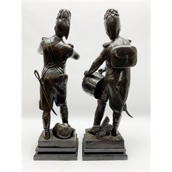 After Etienne-Henri Dumaige (1830-1888): 'Avant de Combat Volontaire de 1792' and 'Apres de Combat Grenaider de 1792', pair of large bronze figures modelled as French Revolutionary soldiers, each upon rectangular stepped black marble base, signed E H Dumaige, Paris 1888, tallest example H68.5cm