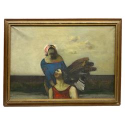 Janusz Lewandowski (Polish 1938-): Girl With Fallen Angel, oil on canvas signed 45cm x 64cm