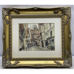 H V G Wallis (British 20th Century): The Great Clock - Rouen, watercolour signed; Continental School (Early 20th Century): View of Street and Cathedral, oil on board indistinctly signed, both housed in swept gilt frames max 29cm x 22cm (2)