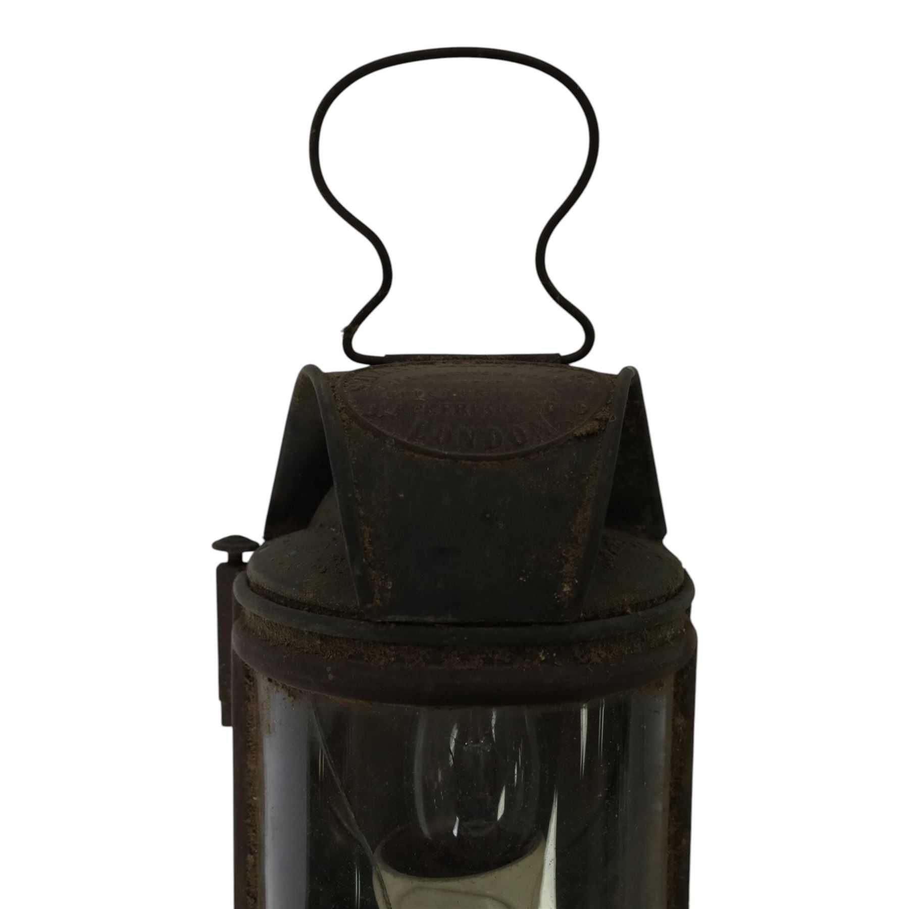 20th century brass and copper carriage lantern, with curved glass front, the brass oval plaque with details for Shand Mason & Co Fire Engine makers, Upper Ground Street, Blackfriars Rd, London, H32cm