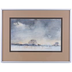 Tom Harland (Yorkshire 1945-2012): Winter in the Fields, watercolour signed 21cm x 33cm 