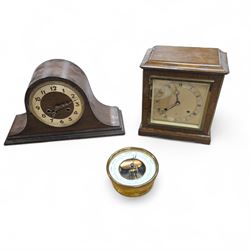 Two wooden mantel clocks, including Elliott example and a brass cased Holosteric Barometer