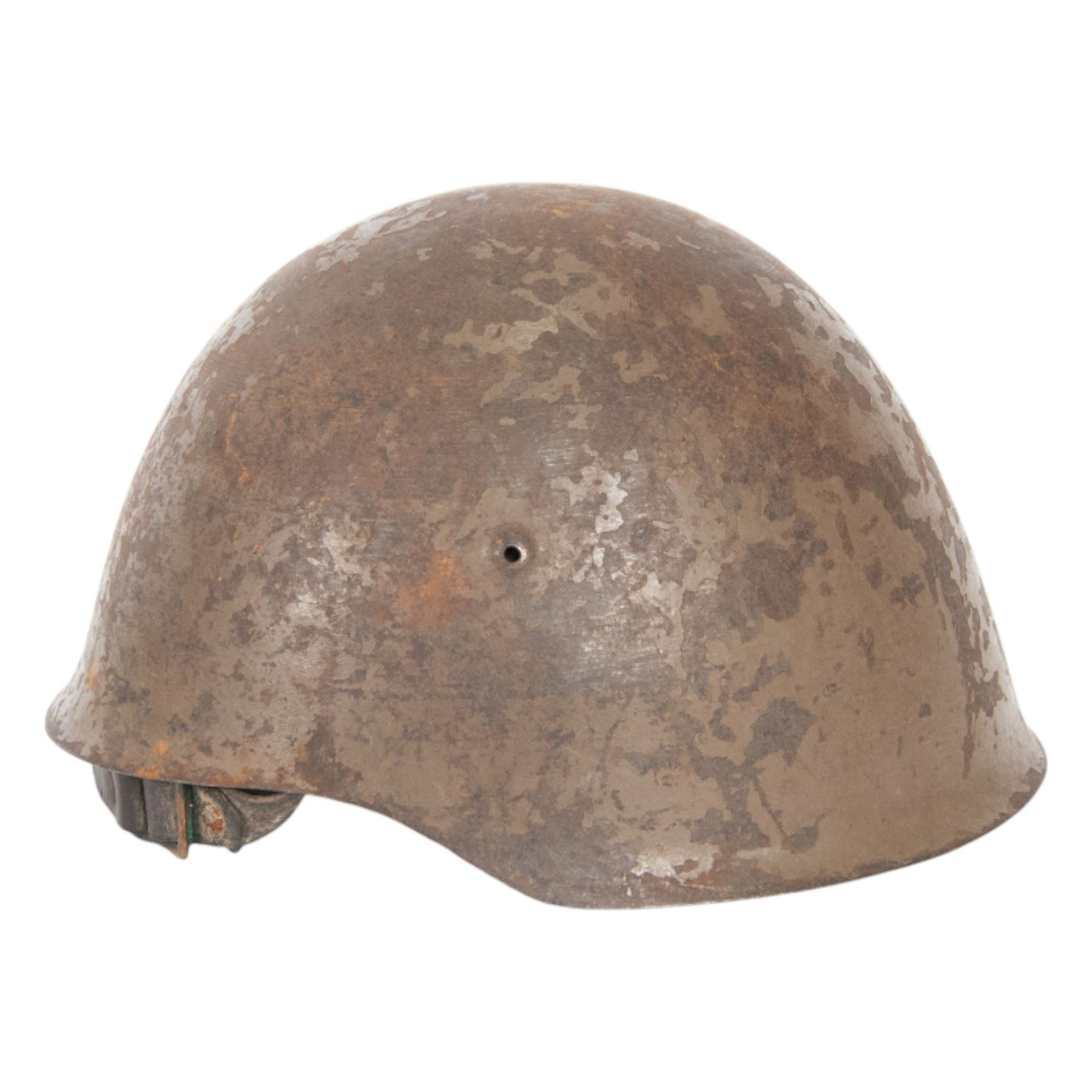 WWII Indian Army steel helmet, with chinstrap, together with Portuguese M30 steel helmet with liner and leather chin strap 