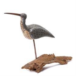 Carved decoy model of a Wader, c1900, on driftwood base, H38cm 