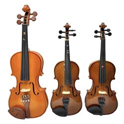 Three Stentor Student violins - three-qu