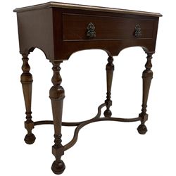 Georgian design mahogany lowboy, fitted with single cock-beaded drawer over double-arched apron, raised on turned supports united by shaped X-stretcher