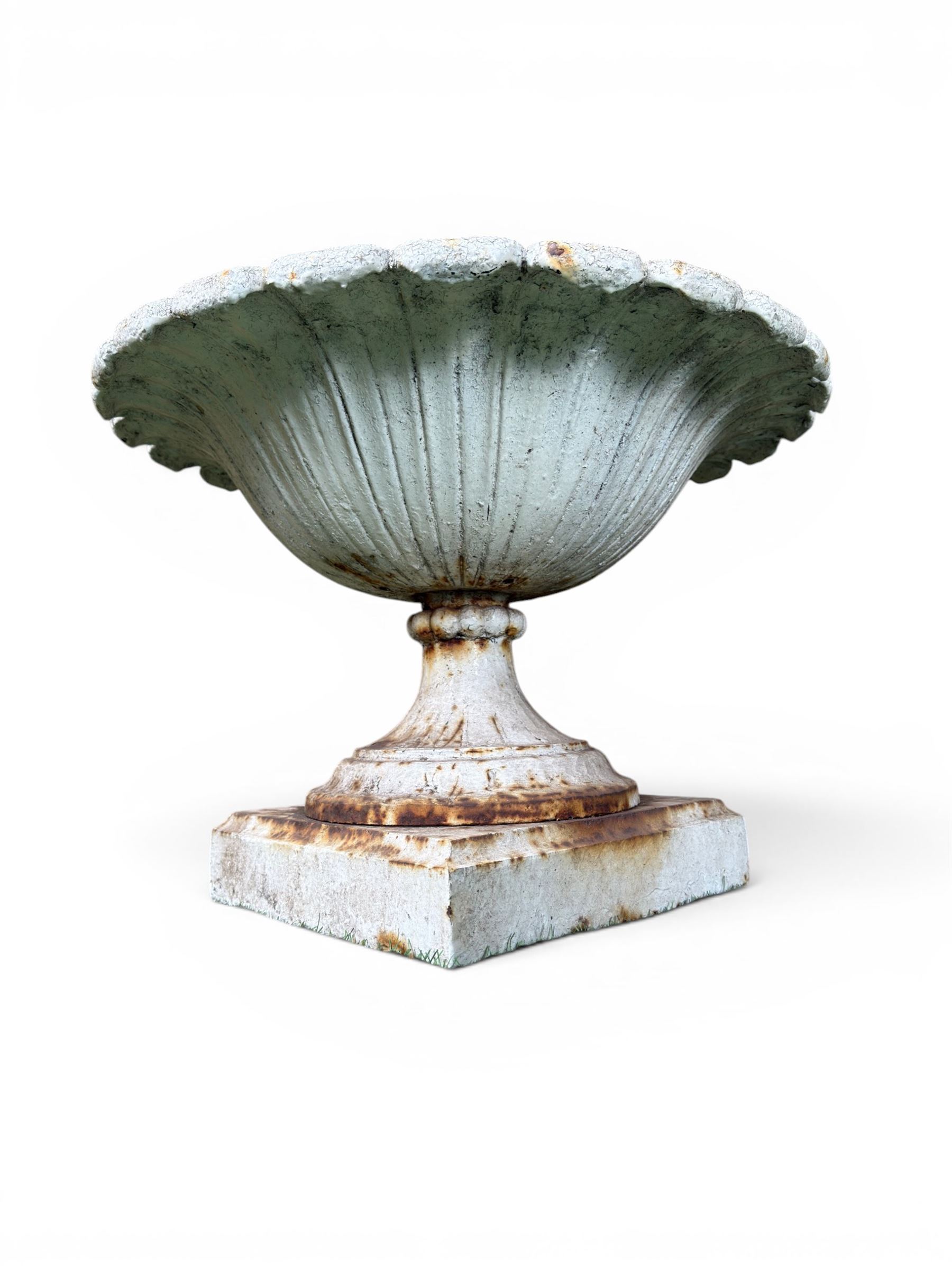 Coalbrookdale - pair of 19th century cast iron petal rim urns, squat form on square plinth, finished in distressed white paint, design registration number 133334, first registered 19 september 1860, number 19 in the Coalbrookdale Castings Catalogue (see illustration)